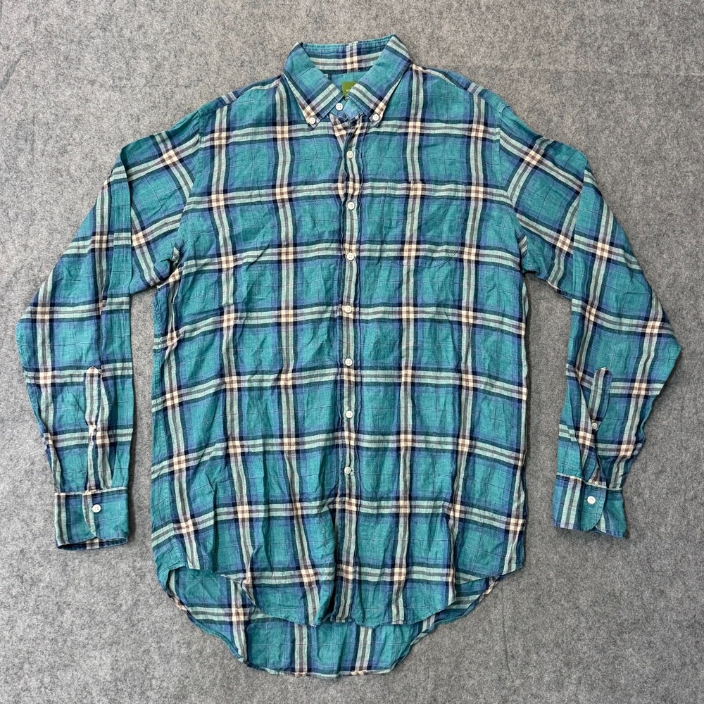 Sid Mashburn Linen Blue Plaid Long Sleeve Button Down Sport Shirt Men's Size M